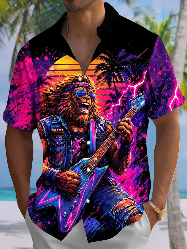 Hawaiian Coconut Tree Sunset Lion Guitar Men's Pocket Short Sleeve Shirts