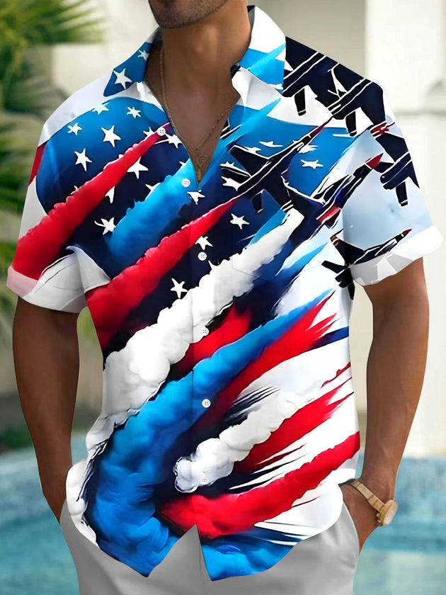 Men's red airplane print short sleeve shirt front view for Independence Day