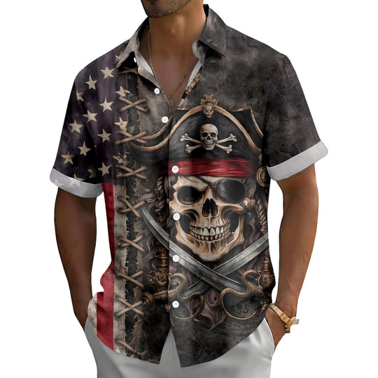 Men's red white blue American flag Hawaiian shirt lifestyle shot at a summer vacation barbecue, short sleeve tropical top