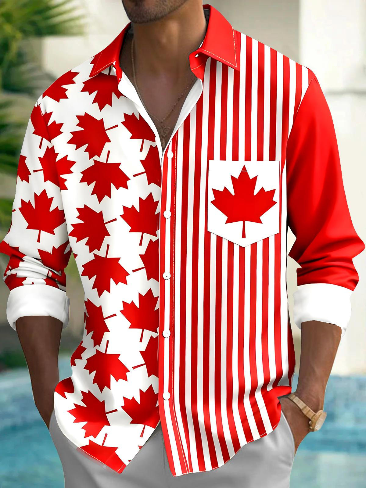 Maple Leaf Stripes Men's Pocket Long Sleeve Shirts