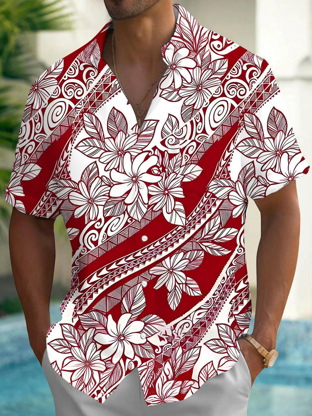 Men's floral short sleeve Hawaiian shirt front view for tropical beach vacation