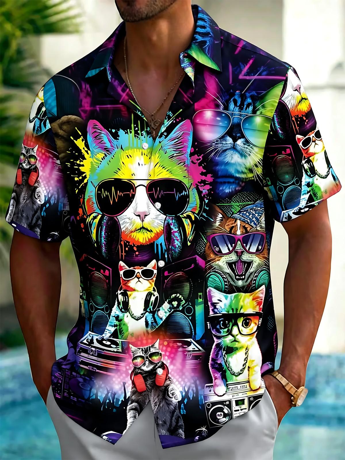 DJ Cat Print Men's Pocket Short Sleeve Shirts