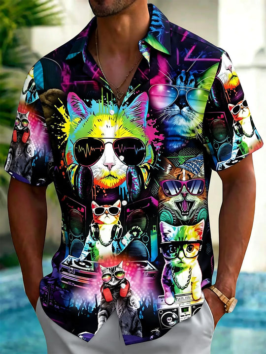 DJ Cat Print Men's Pocket Short Sleeve Shirts