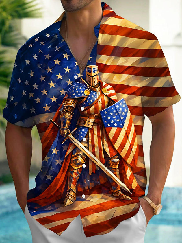 American Flag Knight Independence Day Men's Pocket Short Sleeve Shirts