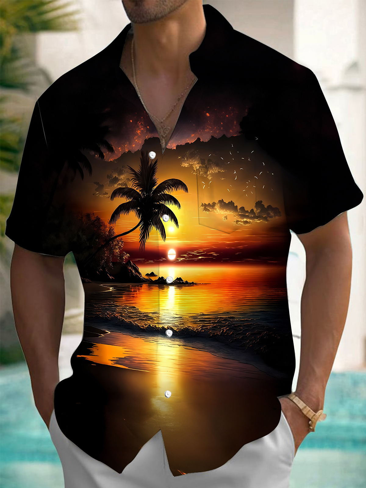 Sunset Coconut Tree Print Men's Pocket Short Sleeve Shirts