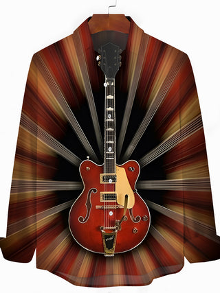 Men's retro music print long sleeve shirt front view