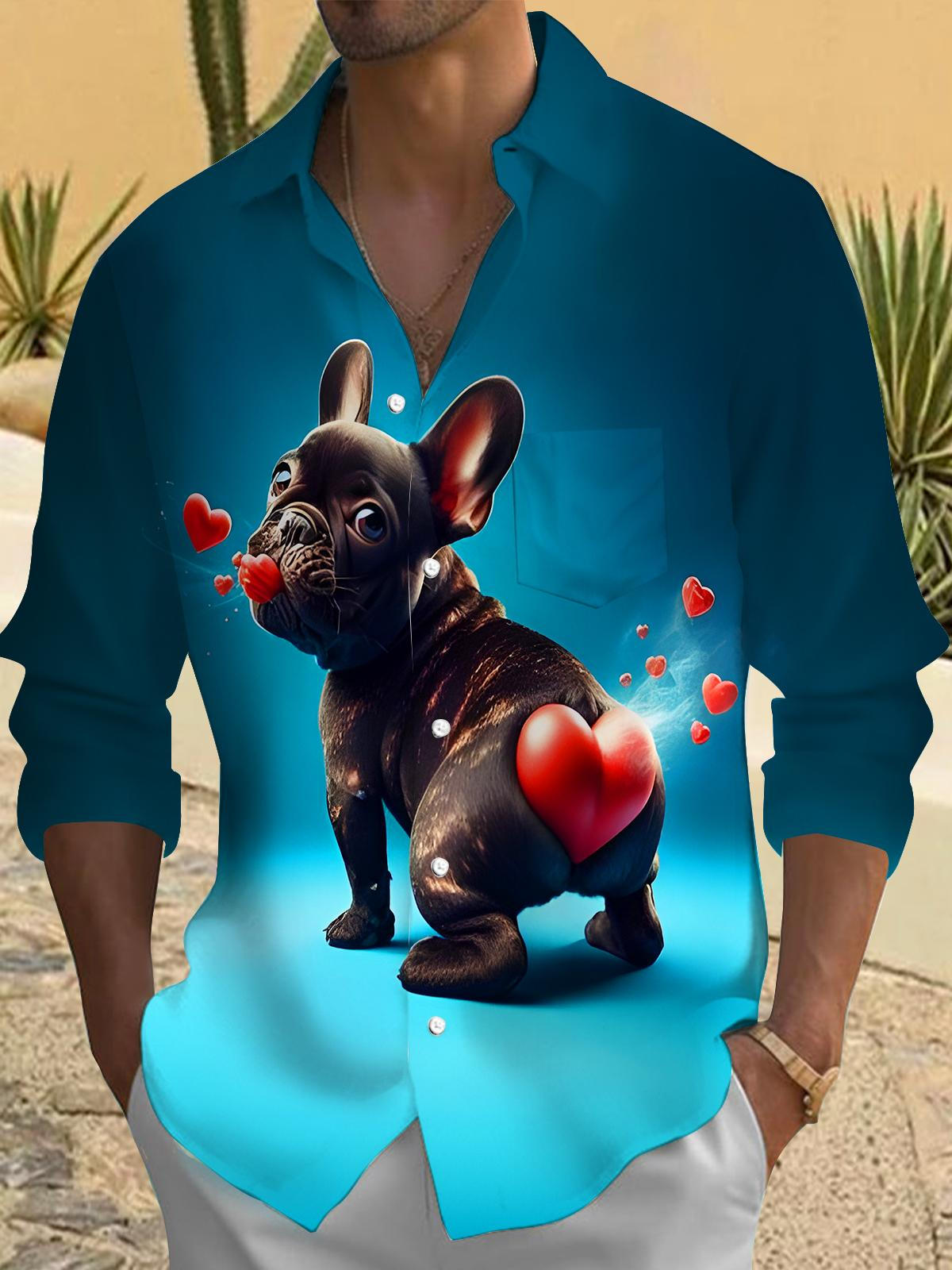 Funny Gradient Love Puppy Men's Pocket Long Sleeve Shirts