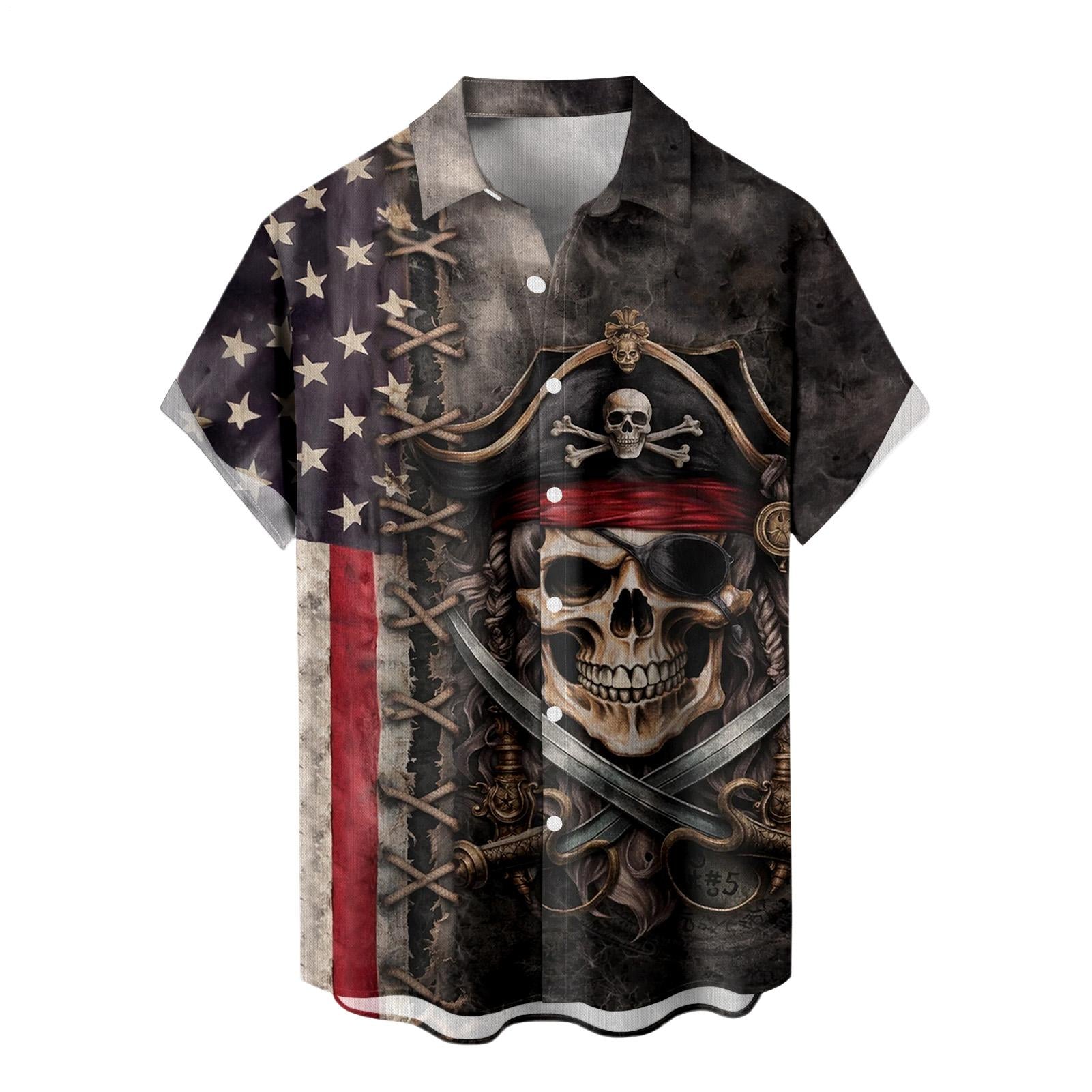 Men's American flag Hawaiian shirt lifestyle shot at a summer vacation pool party, short sleeve tropical top for