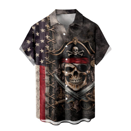 Men's American flag Hawaiian shirt lifestyle shot at a summer vacation pool party, short sleeve tropical top for