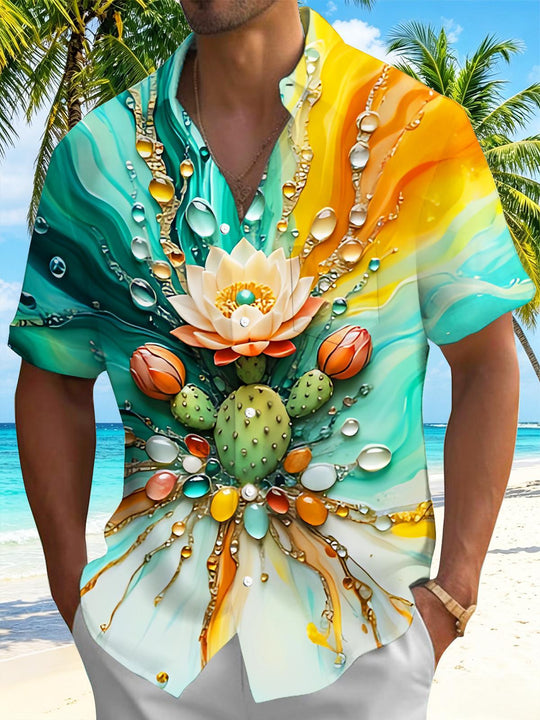 Lotus And Cactus Watercolor Art Plant Flower Men's Pocket Short Sleeve Shirts