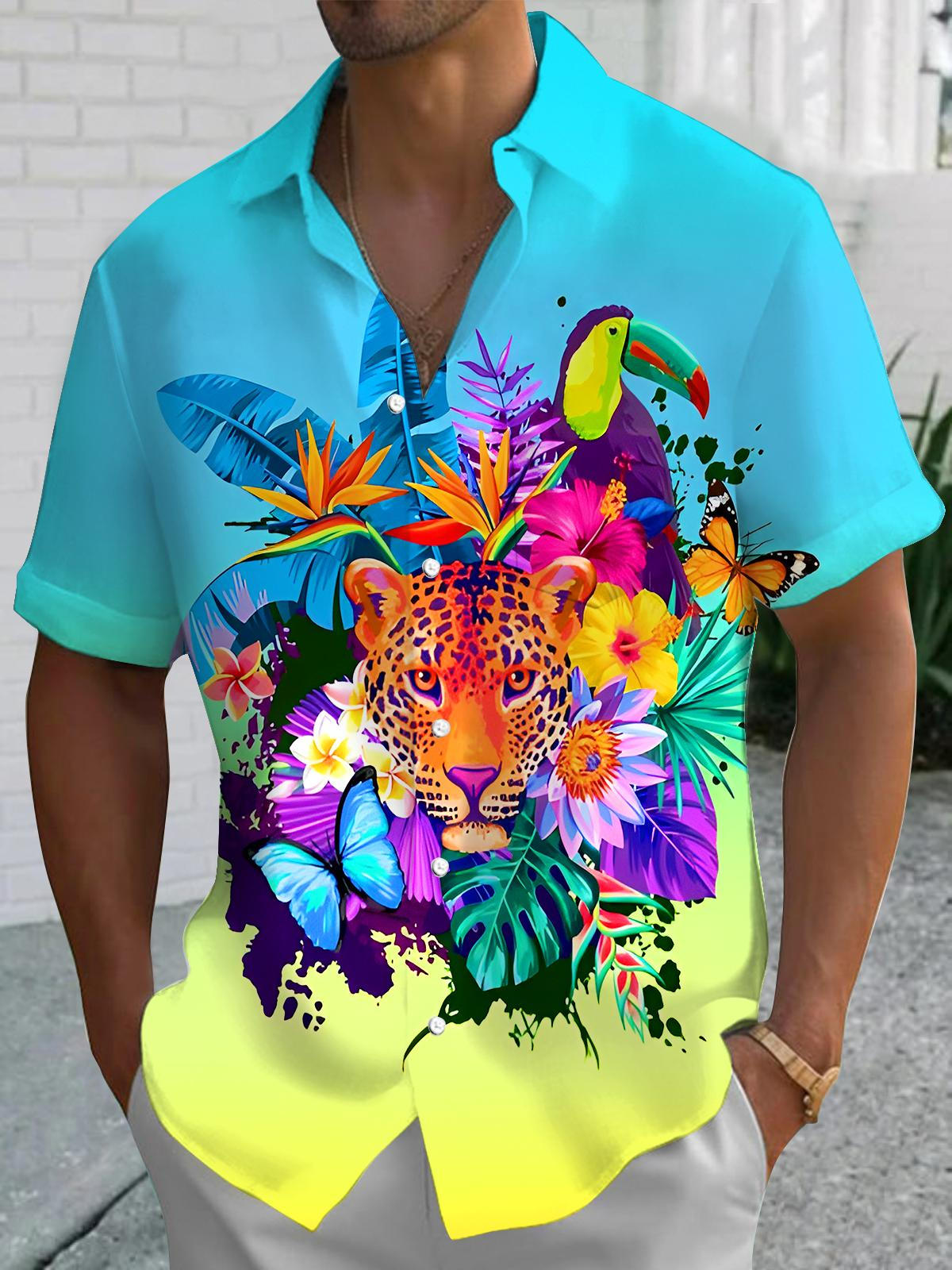 Hawaiian Cheetah Parrot Butterfly Flower Leaf Men's Pocket Short Sleeve Shirts