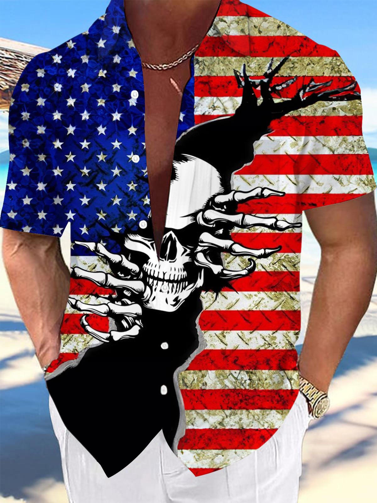 American Flag Skull Men's Pocket Short Sleeve Shirts