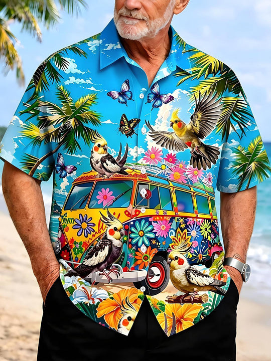 Men's colorful Hawaiian short sleeve shirt front view for tropical beach vacation