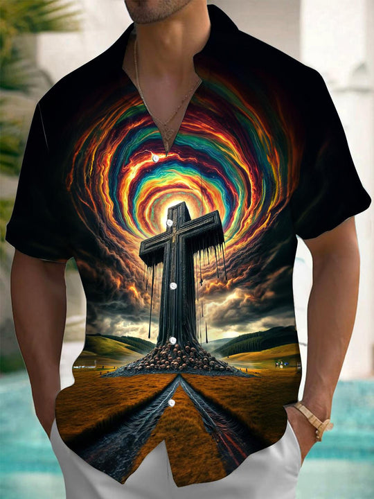 Men's cross print pocket short sleeve shirt front view
