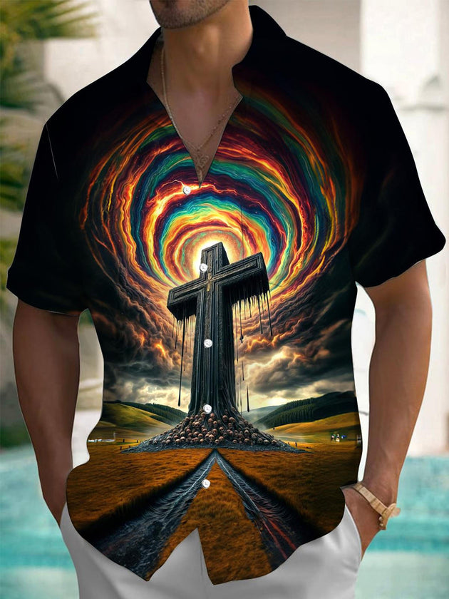 Men's cross print pocket short sleeve shirt front view