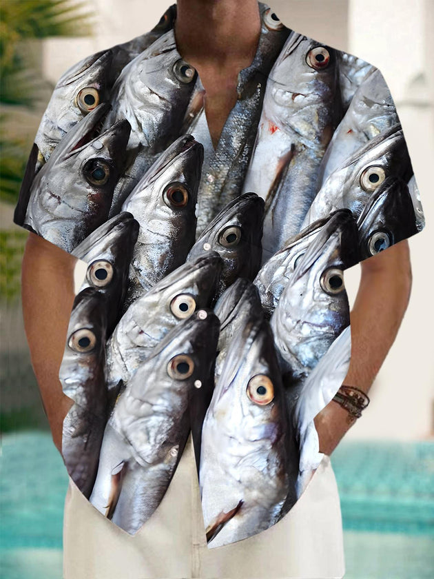 Men's Fish Print Short Sleeve Shirt Front View
