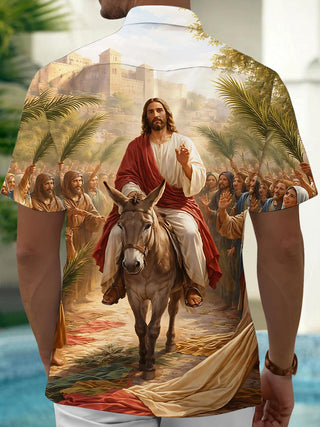 Men's Christian Jesus print pocket short sleeve shirt back view