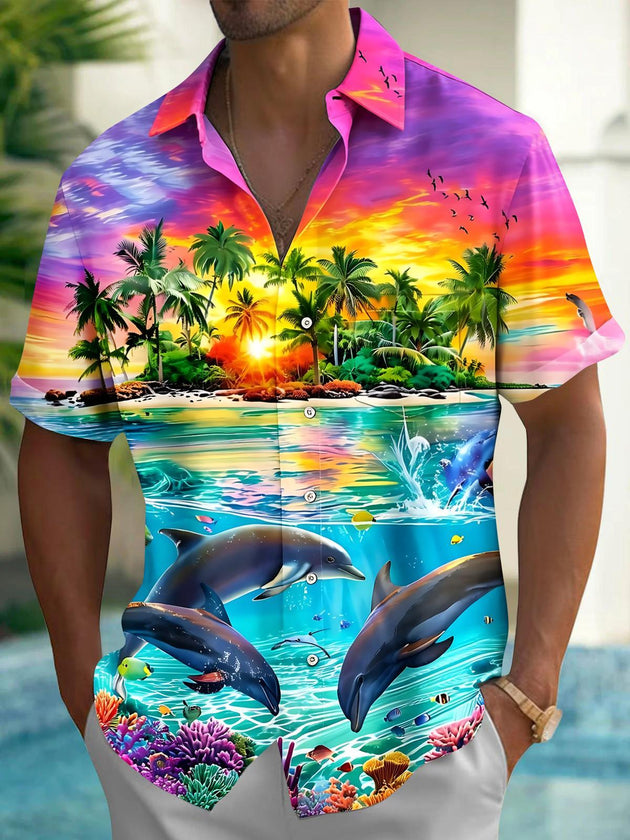 Hawaiian Sunset Dolphin Men's Pocket Short Sleeve Shirts