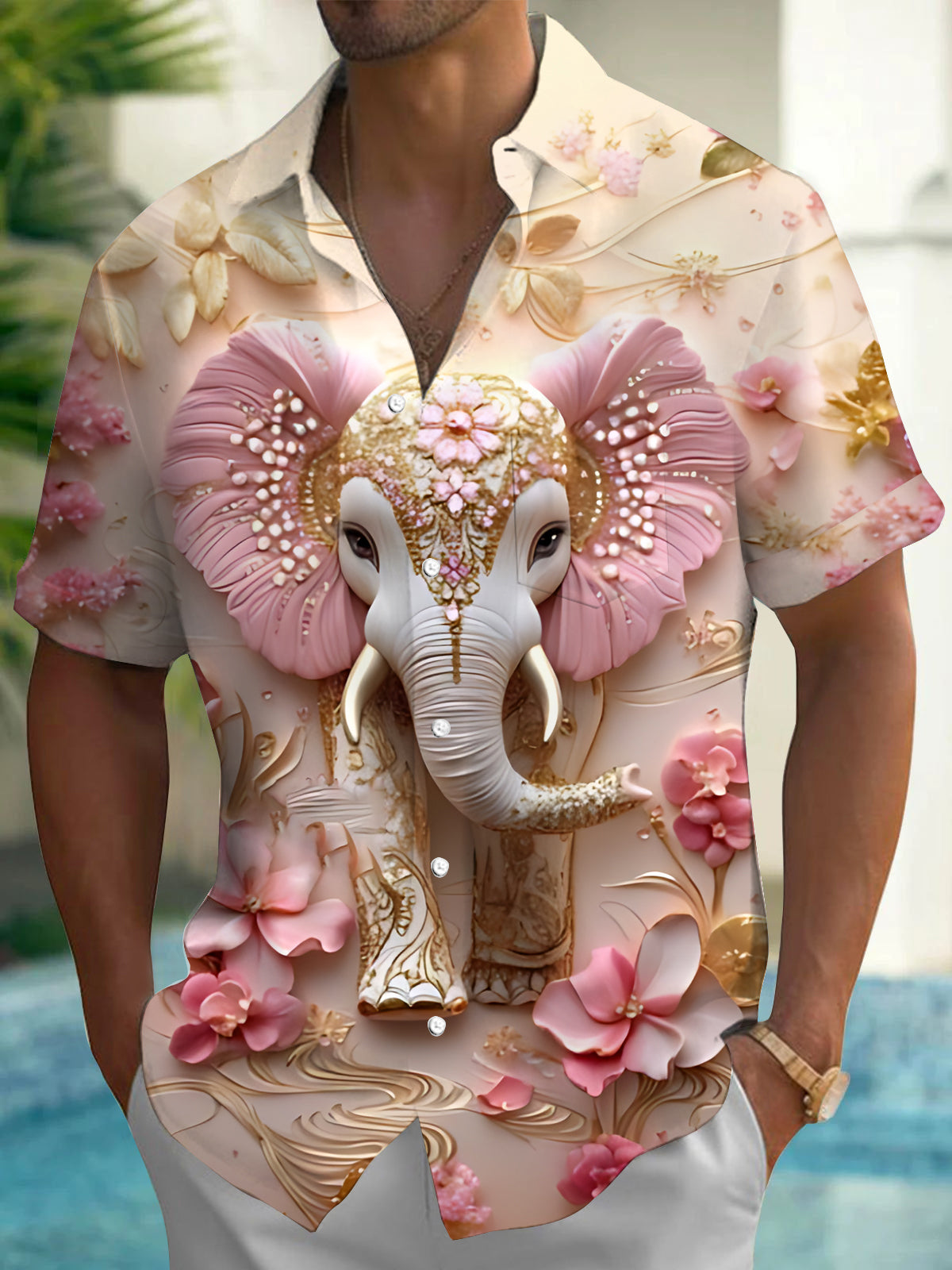 Elephant Floral Art Print Men's Pocket Short Sleeve Shirts