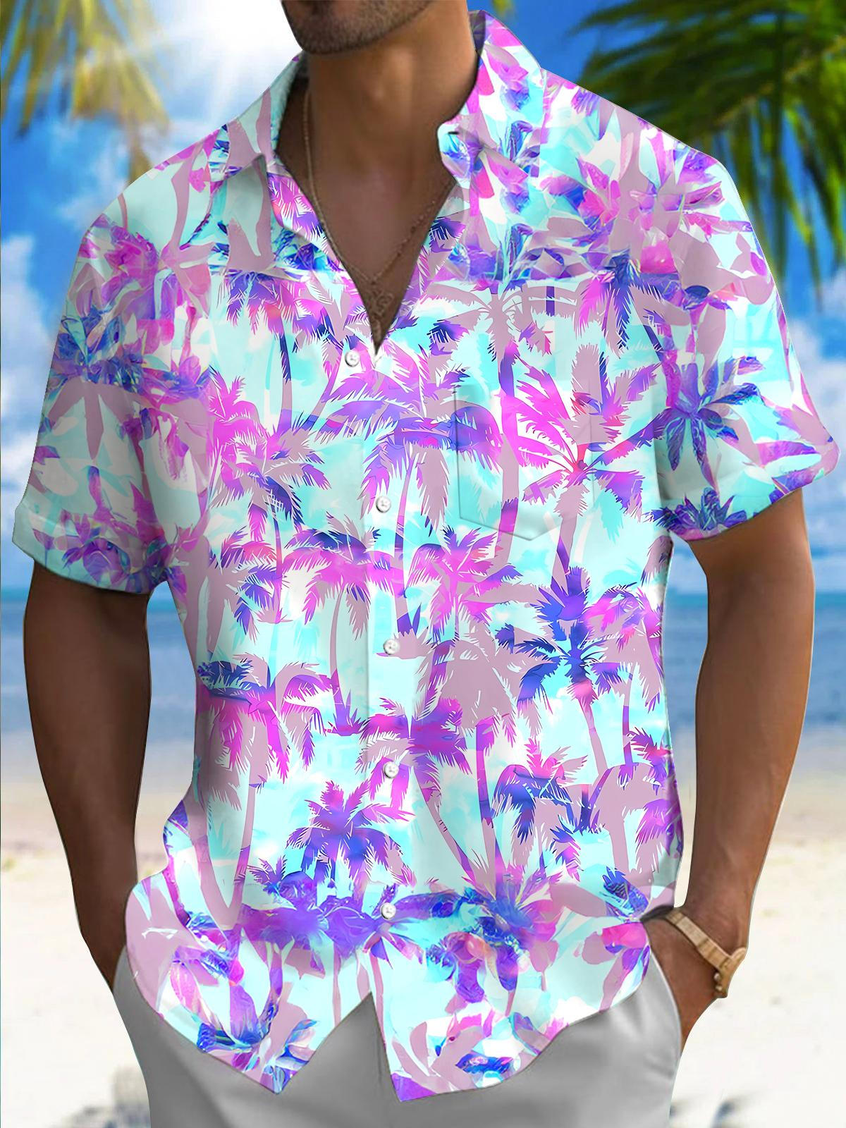 Coconut Tree Print Men's Pocket Short Sleeve Shirts