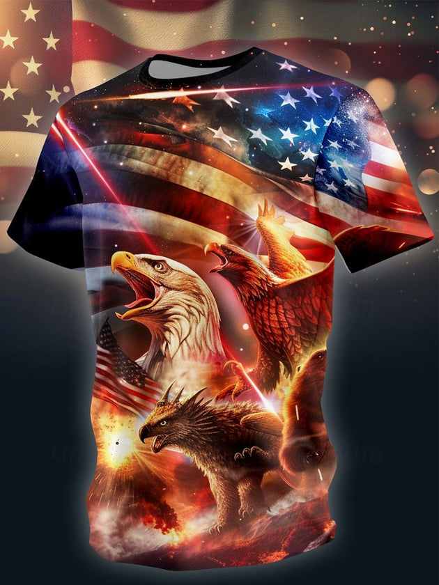 Men's American flag print short sleeve t-shirt front view for Independence Day