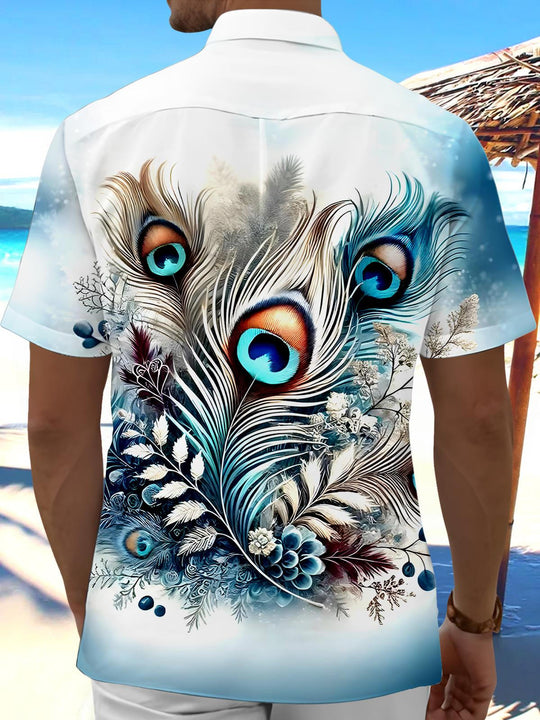 Men's peacock feather back view short sleeve shirt