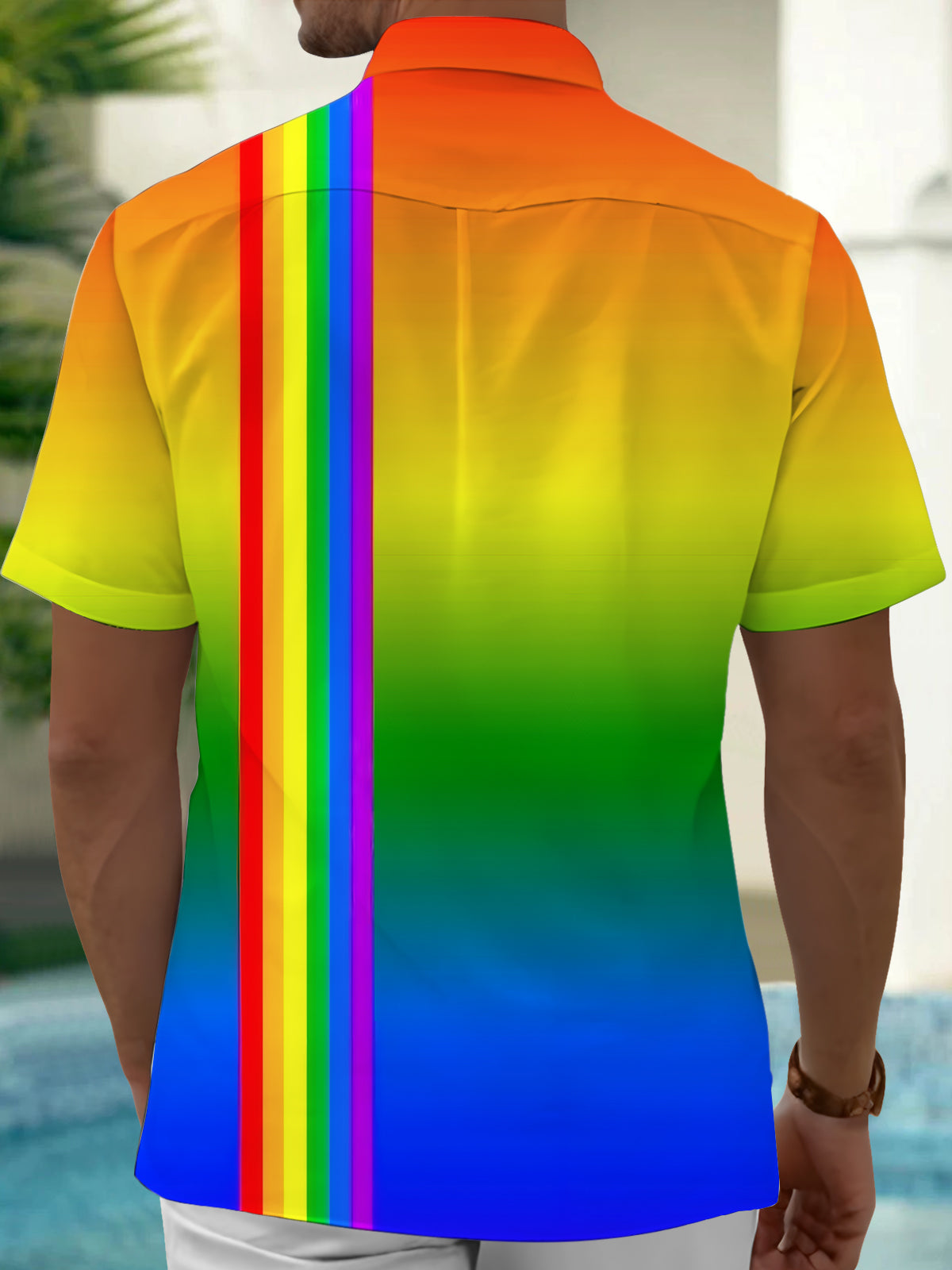 Rainbow Gradient Print Men's Pocket Short Sleeve Shirts