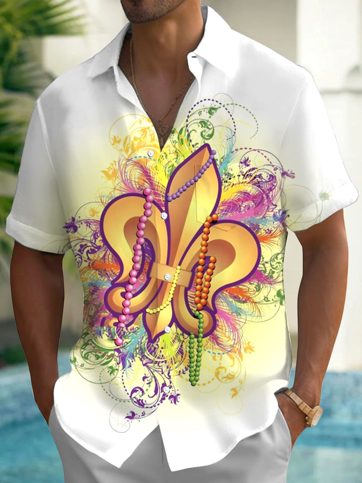 Mardi Gras Print Men's Pocket Short Sleeve Shirts