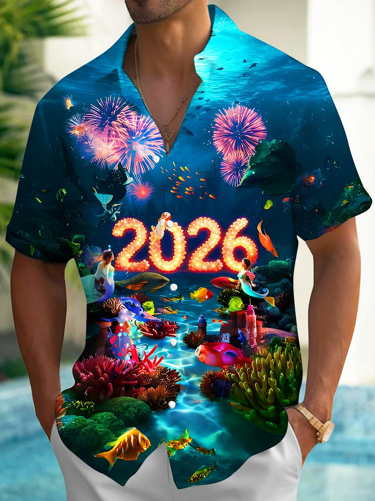 Fun Festivals 2026 New Year Underwater World Men's Pocket Short Sleeve Shirts