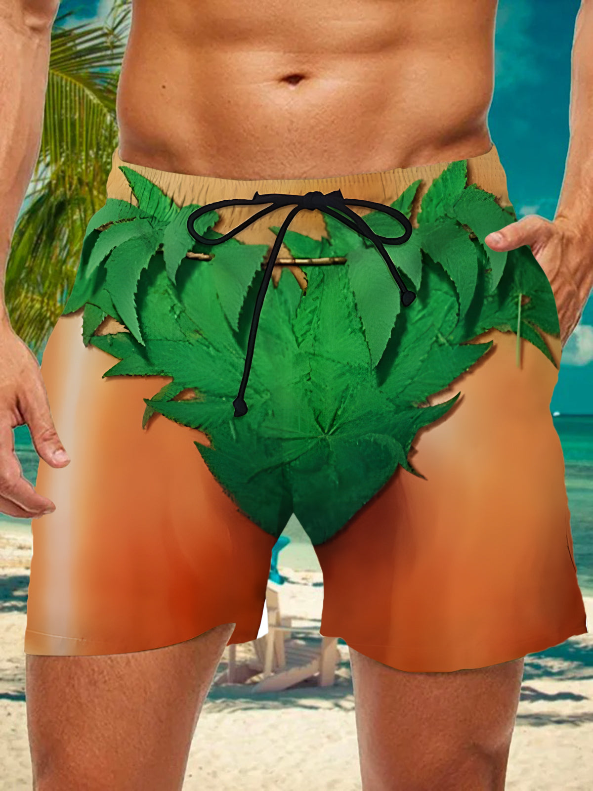 Funny Leaf Print Men's Print Pocket Shorts