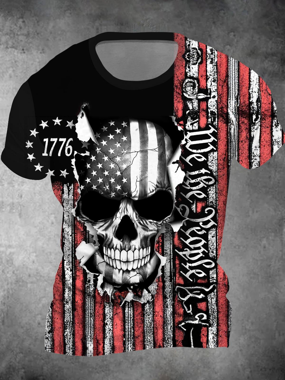 1776 Skull American Flag Round Neck Short Sleeve Men's T-shirt