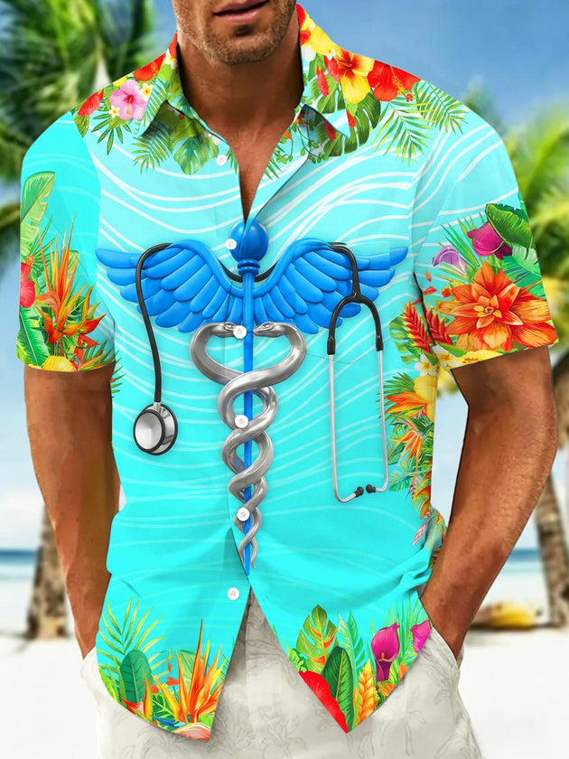 Hawaiian Flower Medical Stethoscope Men's Pocket Short Sleeve Shirts