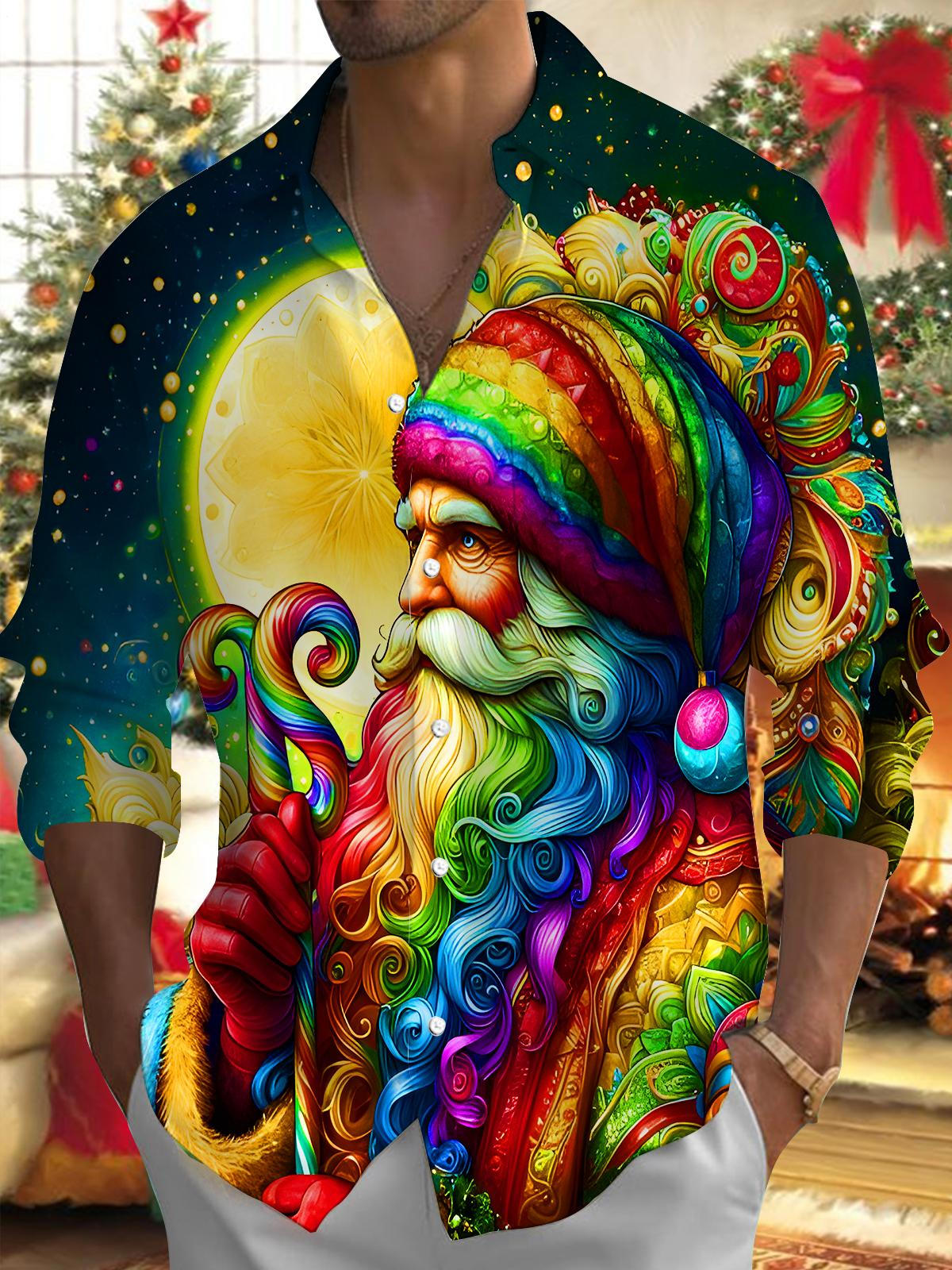 Rainbow Swirls Santa Claus Xmas Men's Pocket Long Sleeve Shirts