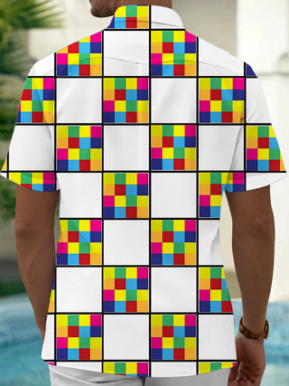 Men's geometric square print pocket short sleeve shirt back view