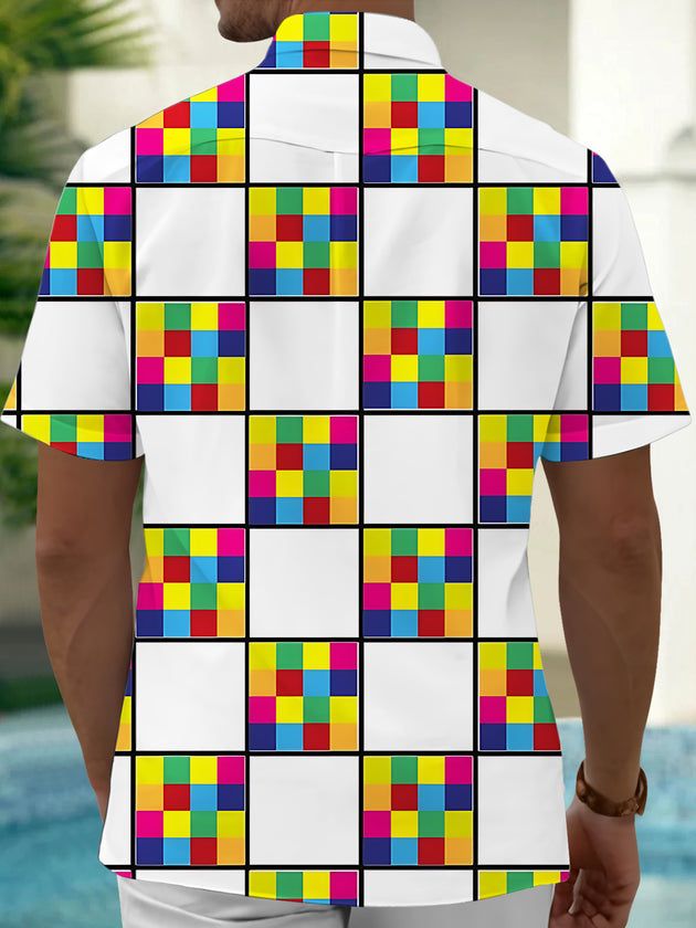 Men's geometric square print pocket short sleeve shirt back view