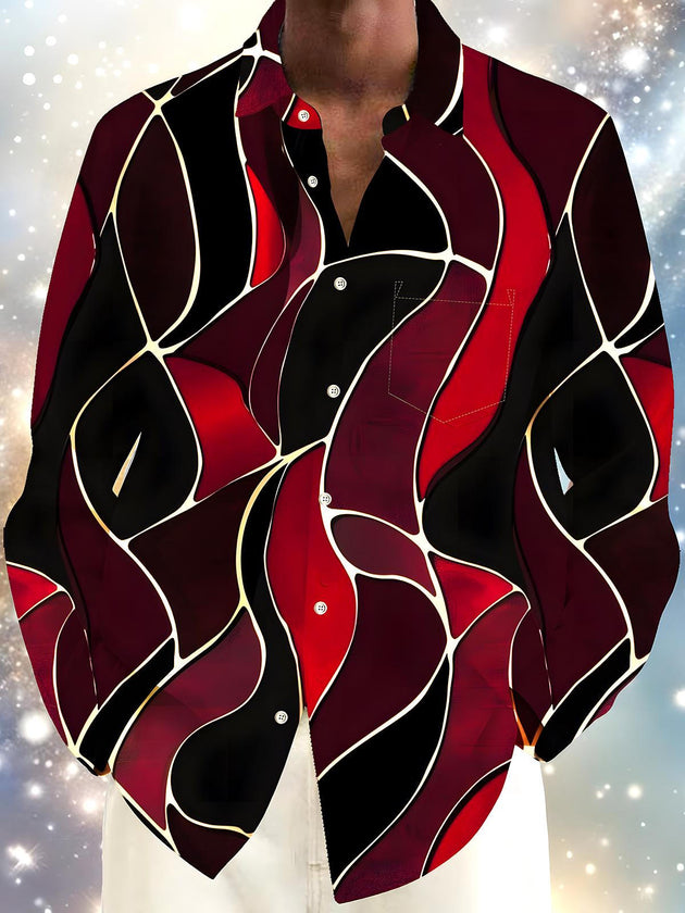 Men's abstract print long sleeve shirt front view for Christmas holiday party