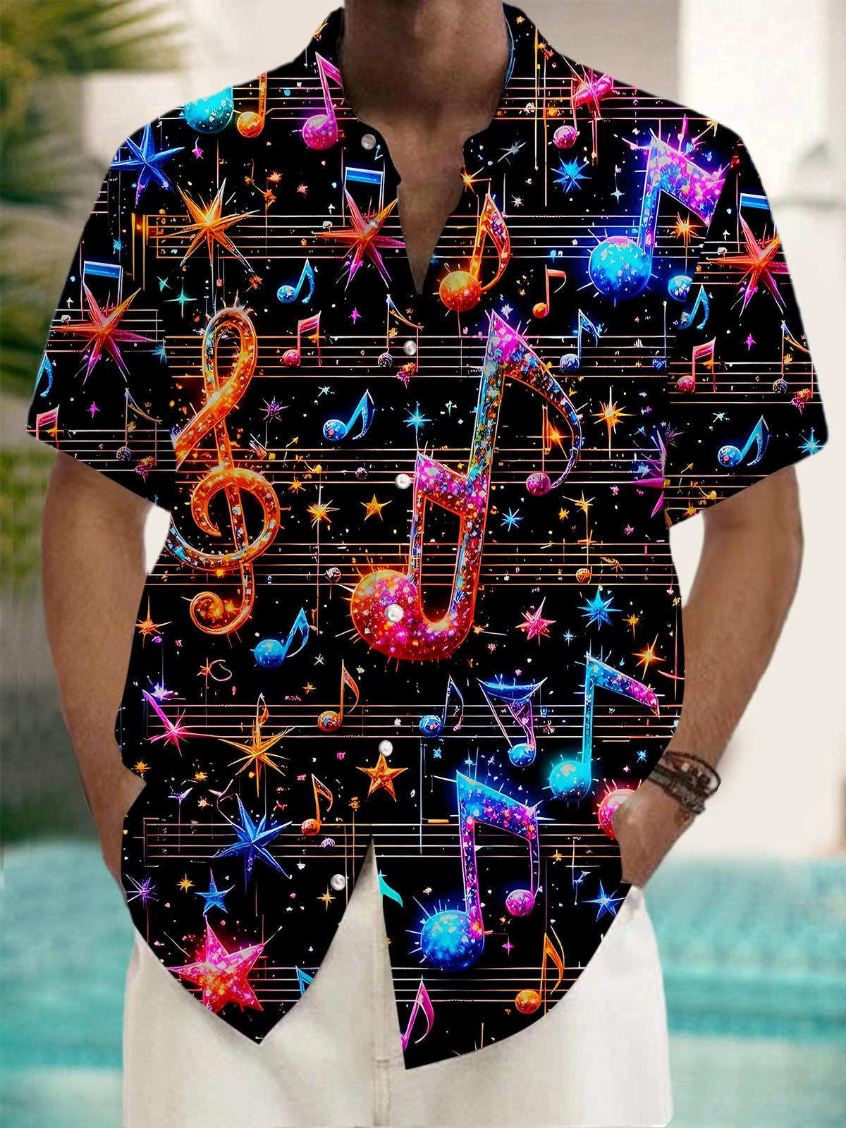 Musical Note Print Men's Pocket Short Sleeve Shirts
