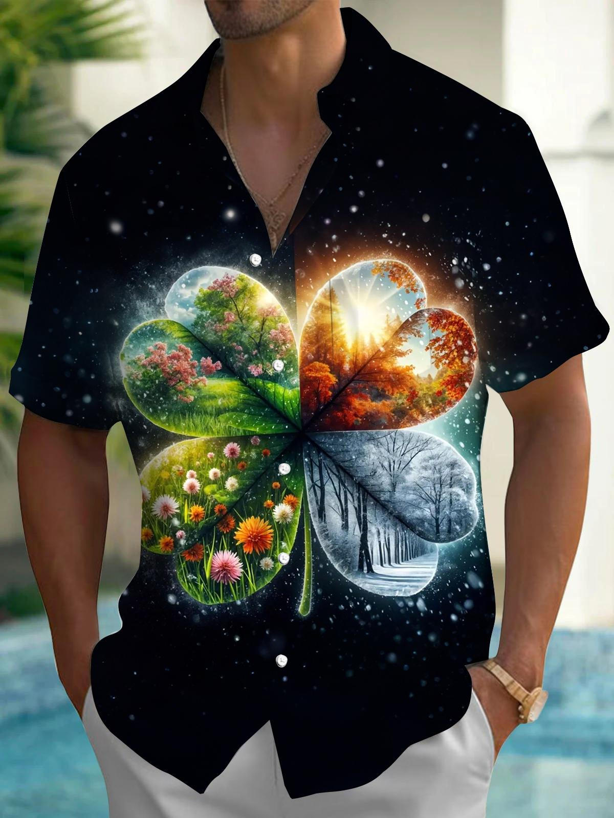 Four Leaf Clover Print Men's Pocket Short Sleeve Shirts