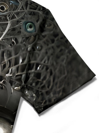 Men's funny art face print short sleeve shirt detail close-up
