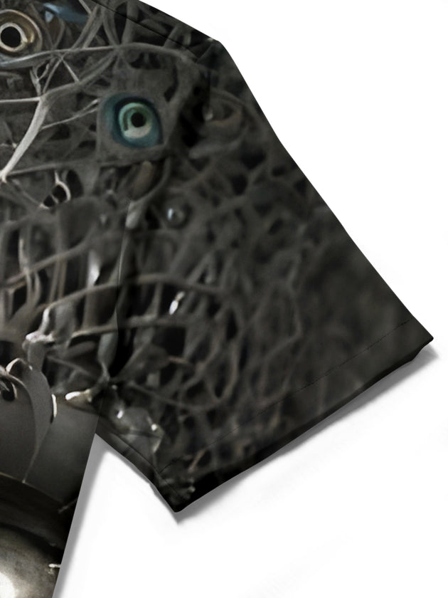 Men's funny art face print short sleeve shirt detail close-up