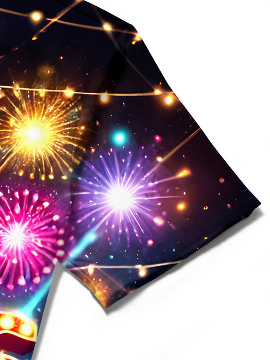 Men's 2026 New Year Fireworks Print Short Sleeve Shirt Close-up Detail View