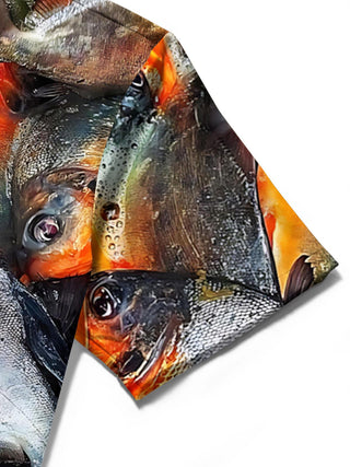 Men's fish print short sleeve shirt close-up detail fabric texture