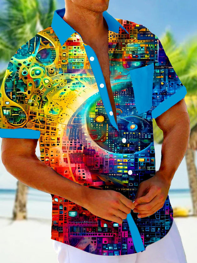 Men's Hawaiian abstract short sleeve pocket shirt front view tropical beach vacation