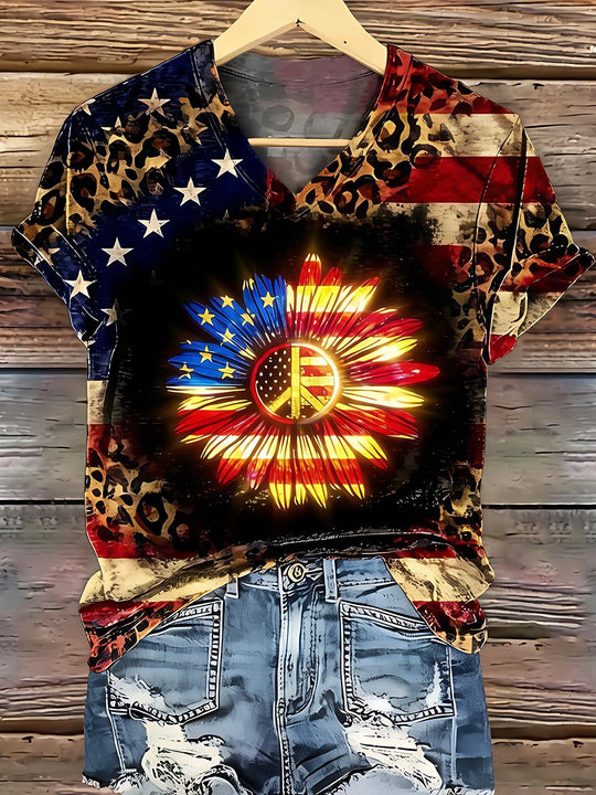 Independence Day USA Flag Sunflower Peace Leopard Print Women's Short Sleeve V Neck T-Shirt