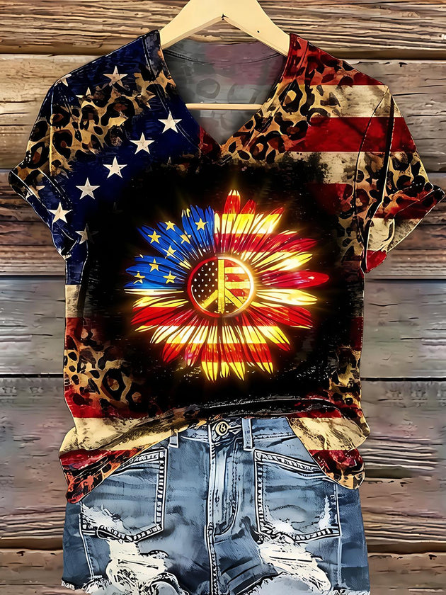 Independence Day USA Flag Sunflower Peace Leopard Print Women's Short Sleeve V Neck T-Shirt