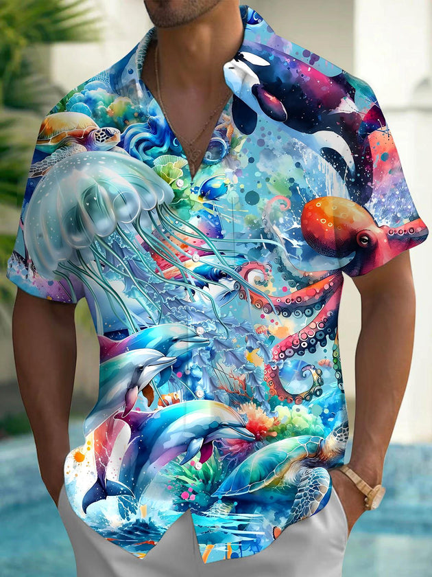 Men's Hawaiian ocean print short sleeve shirt front view for tropical beach vacation