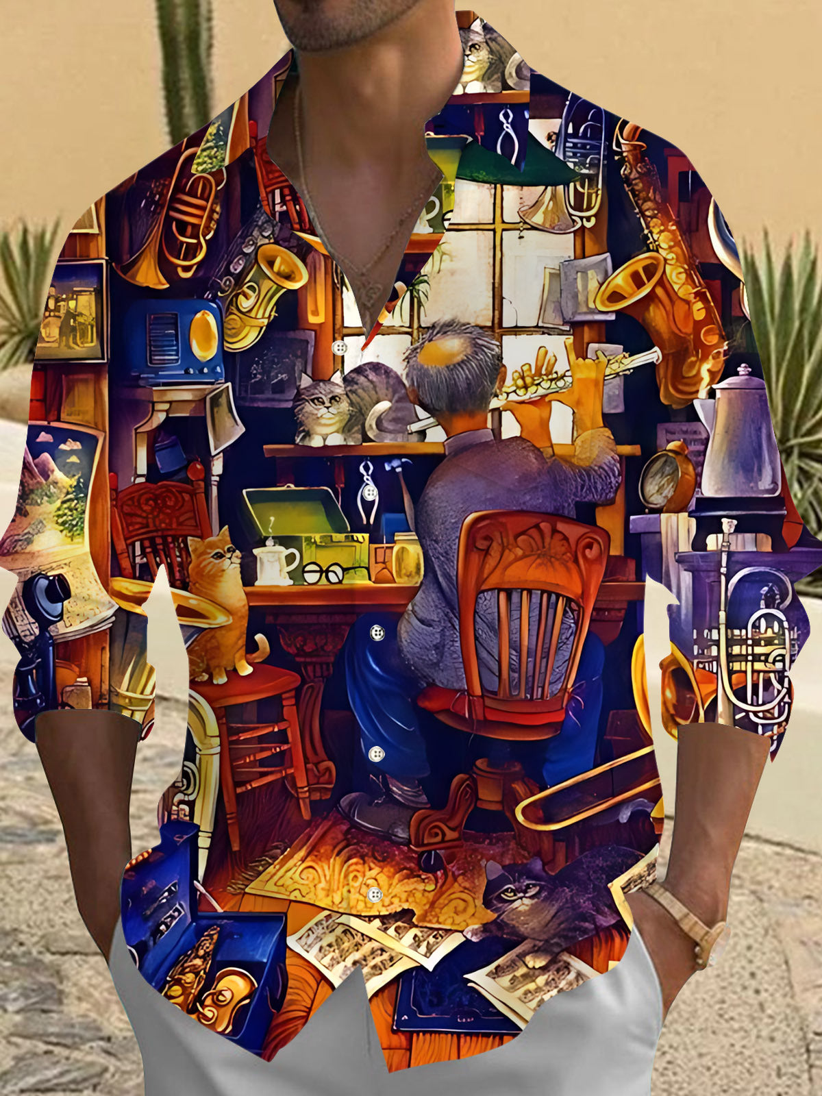 Music Art Print Men's Pocket Long Sleeve Shirts