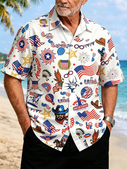 American Flag Independence Day Western Cowboy Elements Men's Pocket Short Sleeve Shirts