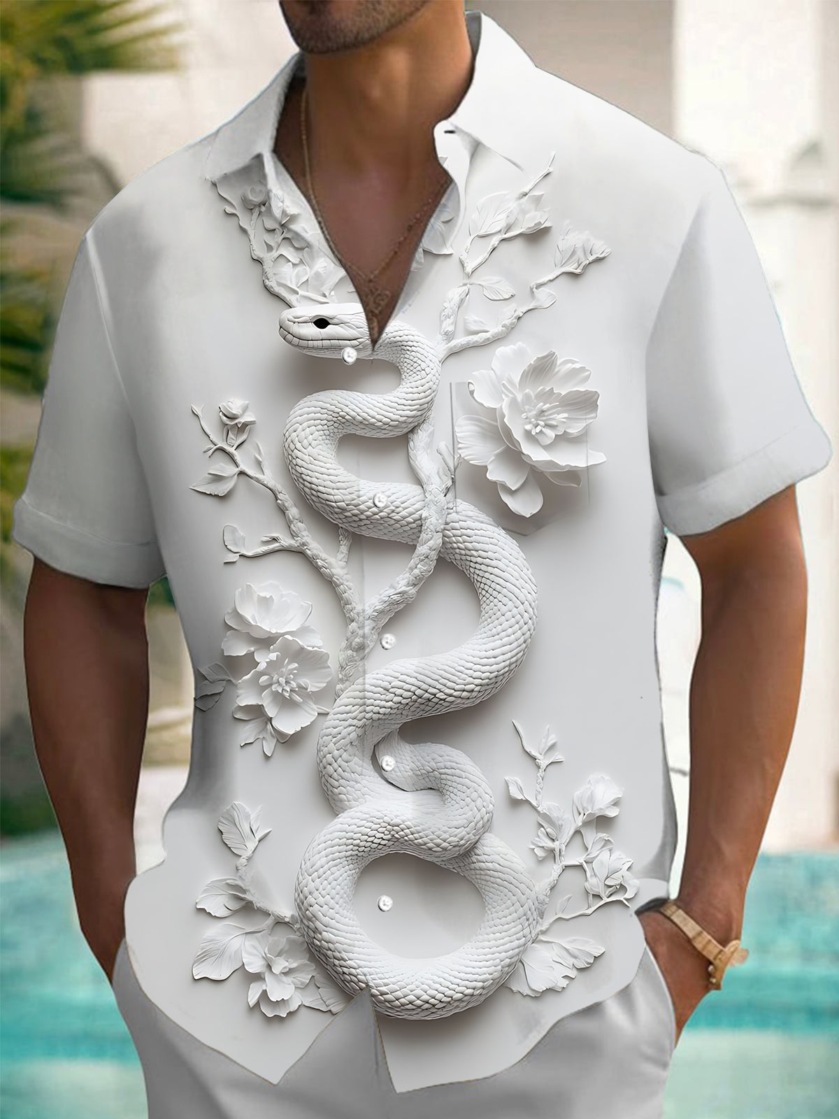 Snake Floral Print Men's Pocket Short Sleeve Shirts