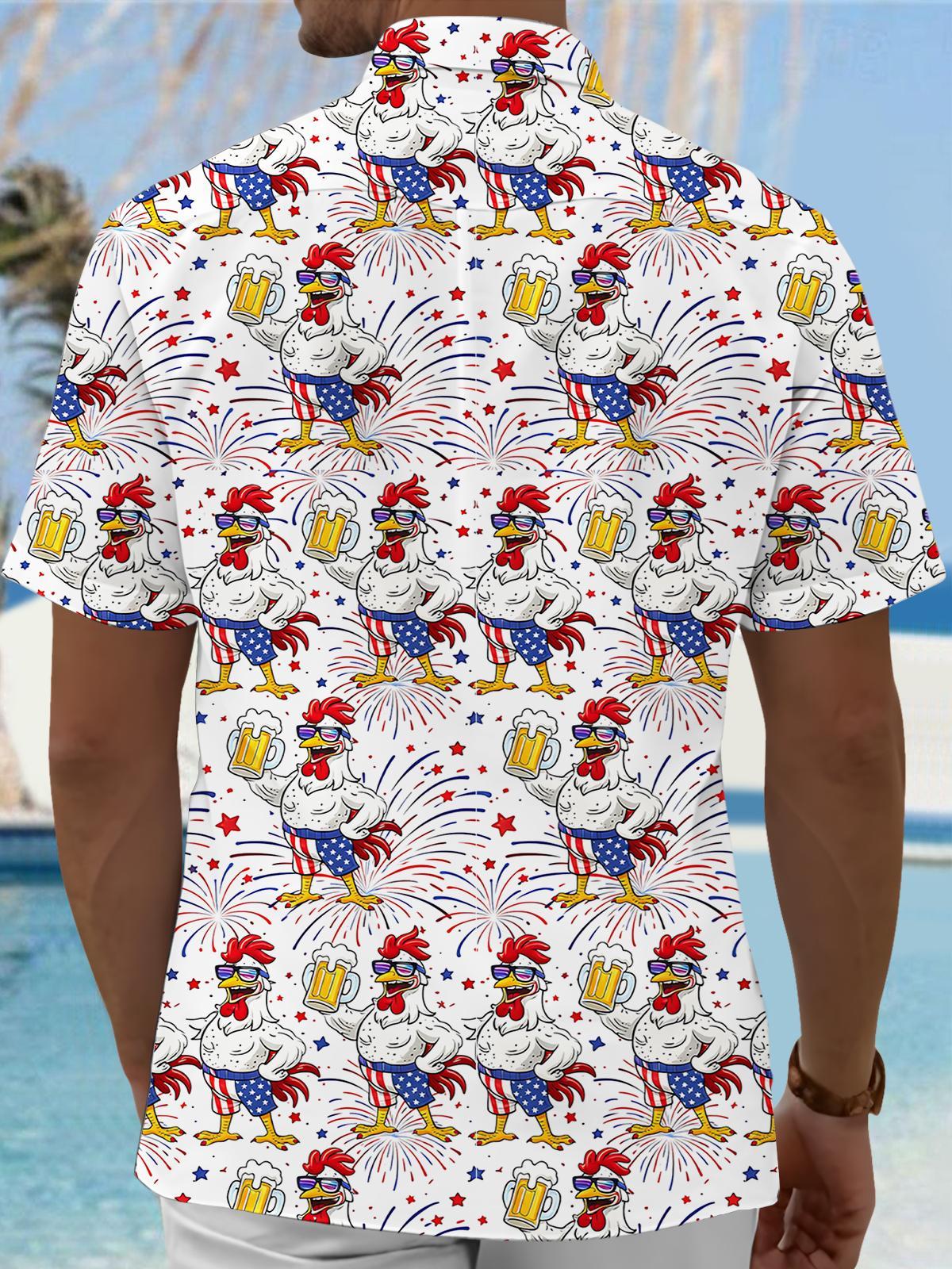 Men's American flag beer cartoon chicken print pocket short sleeve shirt back view